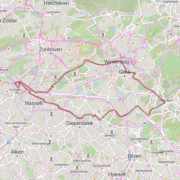 Map miniature of "Gravel Route - Zutendaal to Bliksemtrap Kattevennen" cycling inspiration in Prov. Limburg (BE), Belgium. Generated by Tarmacs.app cycling route planner