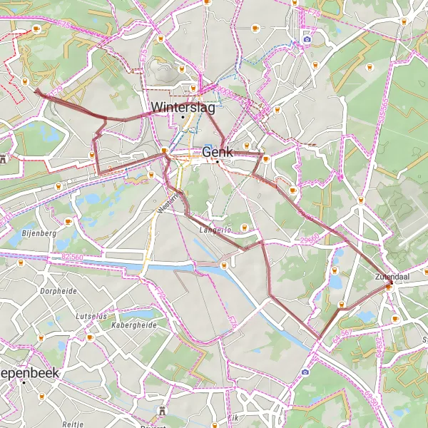 Map miniature of "Gravel Route - Zutendaal to Bliksemtrap Kattevennen" cycling inspiration in Prov. Limburg (BE), Belgium. Generated by Tarmacs.app cycling route planner