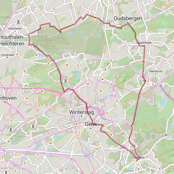 Miniature de la carte de l'inspiration cycliste "Aventure au cœur de la nature" dans la Prov. Limburg (BE), Belgium. Générée par le planificateur d'itinéraire cycliste Tarmacs.app