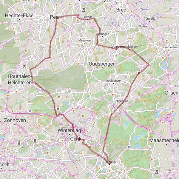 Map miniature of "Gravel Adventure through Zutendaal" cycling inspiration in Prov. Limburg (BE), Belgium. Generated by Tarmacs.app cycling route planner