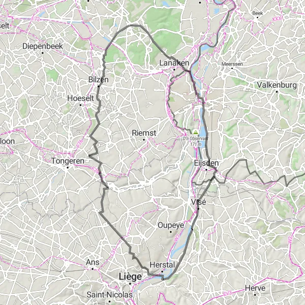 Map miniature of "Road Route - Zutendaal to Munsterbilzen" cycling inspiration in Prov. Limburg (BE), Belgium. Generated by Tarmacs.app cycling route planner