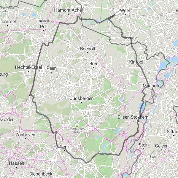 Miniatuurkaart van de fietsinspiratie "Wegroute naar Cycling through the Heathland" in Prov. Limburg (BE), Belgium. Gemaakt door de Tarmacs.app fietsrouteplanner