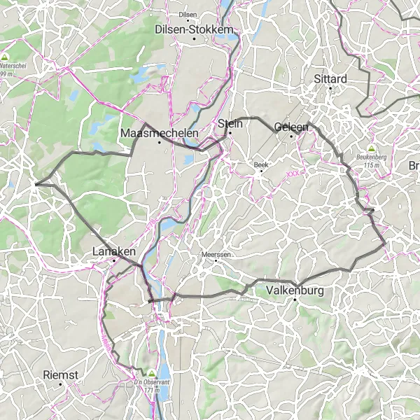 Miniature de la carte de l'inspiration cycliste "La Route des Vallées" dans la Prov. Limburg (BE), Belgium. Générée par le planificateur d'itinéraire cycliste Tarmacs.app