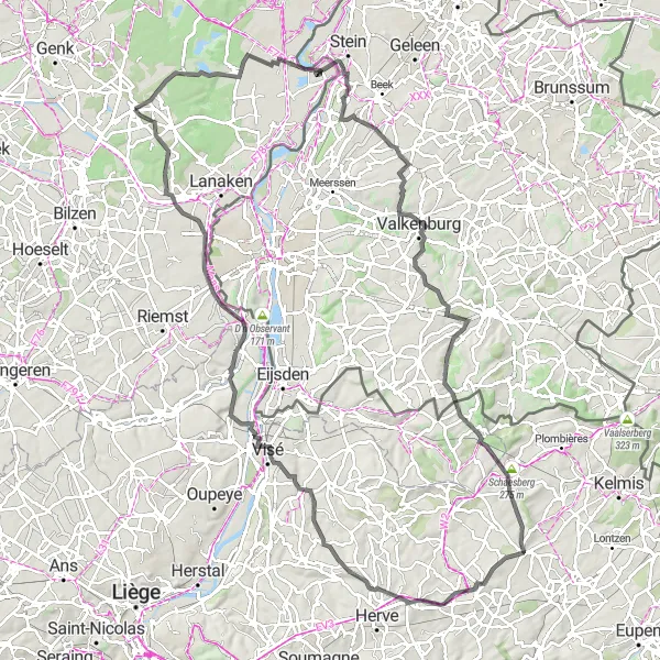 Map miniature of "Road Route - Zutendaal to Uitkijktoren Lieteberg" cycling inspiration in Prov. Limburg (BE), Belgium. Generated by Tarmacs.app cycling route planner