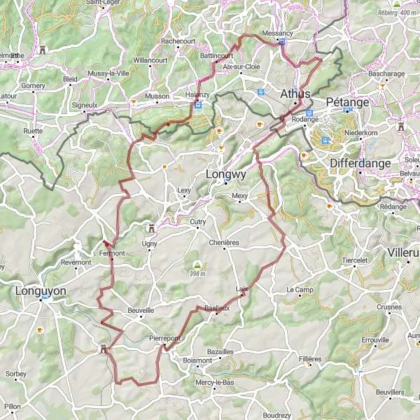 Map miniature of "Athus to Arrancy-sur-Crusnes Gravel Ride" cycling inspiration in Prov. Luxembourg (BE), Belgium. Generated by Tarmacs.app cycling route planner