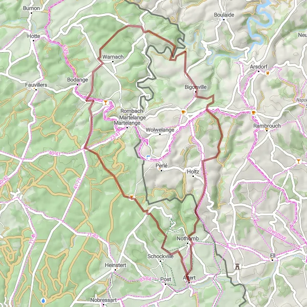 Map miniature of "Through the Wonders of Rodenhoff" cycling inspiration in Prov. Luxembourg (BE), Belgium. Generated by Tarmacs.app cycling route planner