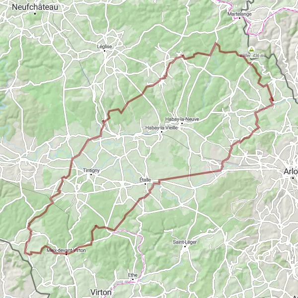 Map miniature of "Gravel Exploration to Schadeck" cycling inspiration in Prov. Luxembourg (BE), Belgium. Generated by Tarmacs.app cycling route planner