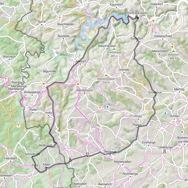 Map miniature of "Journey to Burschent" cycling inspiration in Prov. Luxembourg (BE), Belgium. Generated by Tarmacs.app cycling route planner