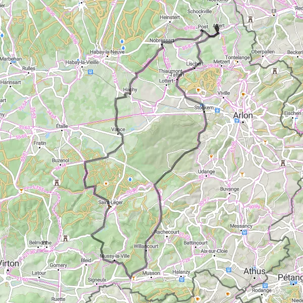 Map miniature of "The Road to Stockem" cycling inspiration in Prov. Luxembourg (BE), Belgium. Generated by Tarmacs.app cycling route planner