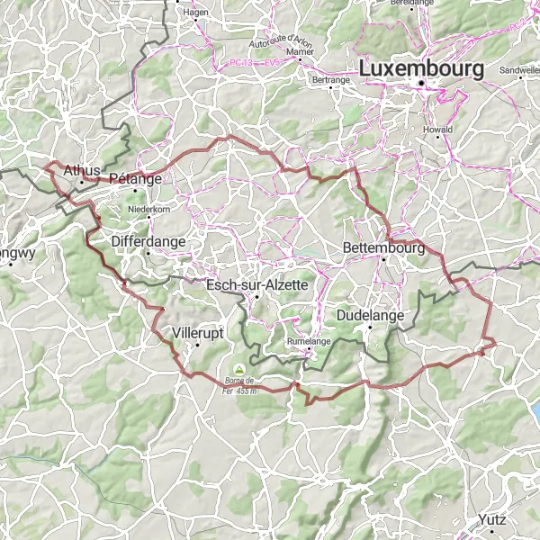 Map miniature of "Gravel Adventure Across Aubange" cycling inspiration in Prov. Luxembourg (BE), Belgium. Generated by Tarmacs.app cycling route planner