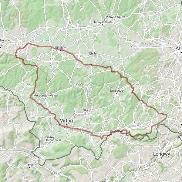 Miniatuurkaart van de fietsinspiratie "Gravelroute Halanzy - Battincourt" in Prov. Luxembourg (BE), Belgium. Gemaakt door de Tarmacs.app fietsrouteplanner