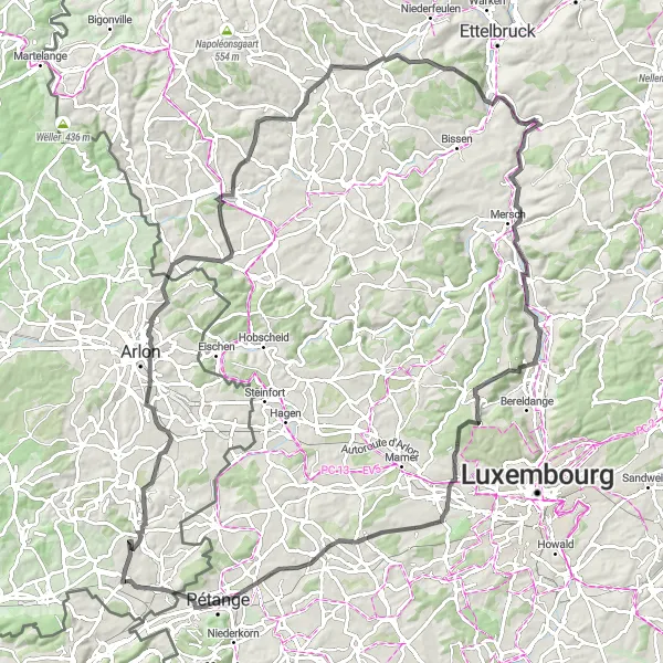 Map miniature of "Aubange to Athus" cycling inspiration in Prov. Luxembourg (BE), Belgium. Generated by Tarmacs.app cycling route planner