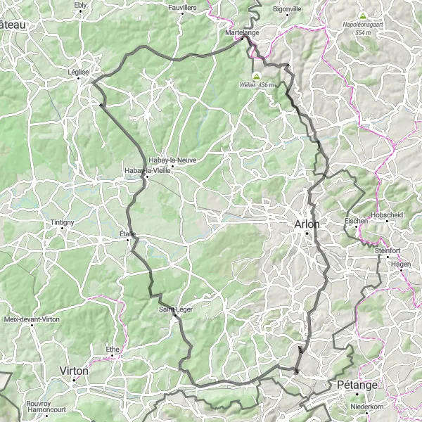 Miniatuurkaart van de fietsinspiratie "Heuvelachtige route door Aubange en omgeving" in Prov. Luxembourg (BE), Belgium. Gemaakt door de Tarmacs.app fietsrouteplanner