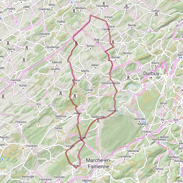 Miniatuurkaart van de fietsinspiratie "Gravelroute via Hogne en Chardeneux" in Prov. Luxembourg (BE), Belgium. Gemaakt door de Tarmacs.app fietsrouteplanner