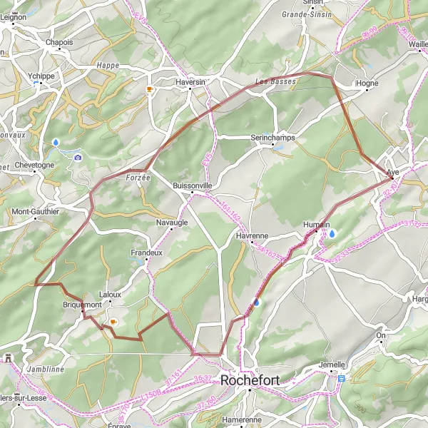 Miniatuurkaart van de fietsinspiratie "Gravelroute rond Aye" in Prov. Luxembourg (BE), Belgium. Gemaakt door de Tarmacs.app fietsrouteplanner