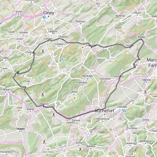 Map miniature of "Historical Road Cycling Route" cycling inspiration in Prov. Luxembourg (BE), Belgium. Generated by Tarmacs.app cycling route planner