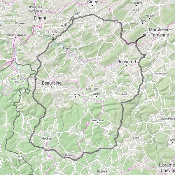 Miniature de la carte de l'inspiration cycliste "Aventure à vélo de 134 km autour d'Aye" dans la Prov. Luxembourg (BE), Belgium. Générée par le planificateur d'itinéraire cycliste Tarmacs.app