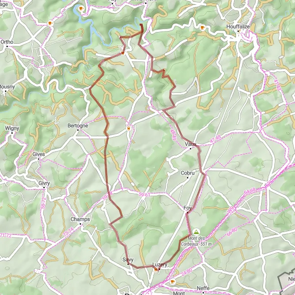 Miniatuurkaart van de fietsinspiratie "Verken Engreux, Foy en Mont des Corbeaux op grind" in Prov. Luxembourg (BE), Belgium. Gemaakt door de Tarmacs.app fietsrouteplanner