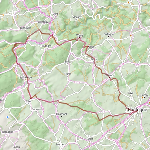 Miniatuurkaart van de fietsinspiratie "Gravelroute rond Bastenaken" in Prov. Luxembourg (BE), Belgium. Gemaakt door de Tarmacs.app fietsrouteplanner