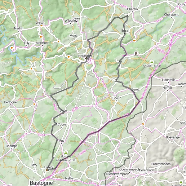 Miniature de la carte de l'inspiration cycliste "La Route des Châteaux près de Bastogne" dans la Prov. Luxembourg (BE), Belgium. Générée par le planificateur d'itinéraire cycliste Tarmacs.app