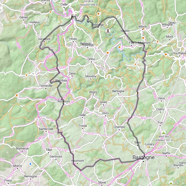 Map miniature of "The Bastogne Challenge" cycling inspiration in Prov. Luxembourg (BE), Belgium. Generated by Tarmacs.app cycling route planner
