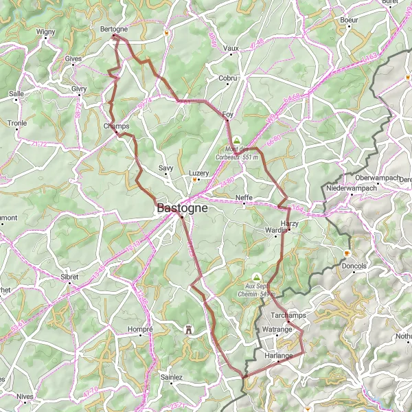 Map miniature of "Dusty Trails of Bertogne" cycling inspiration in Prov. Luxembourg (BE), Belgium. Generated by Tarmacs.app cycling route planner