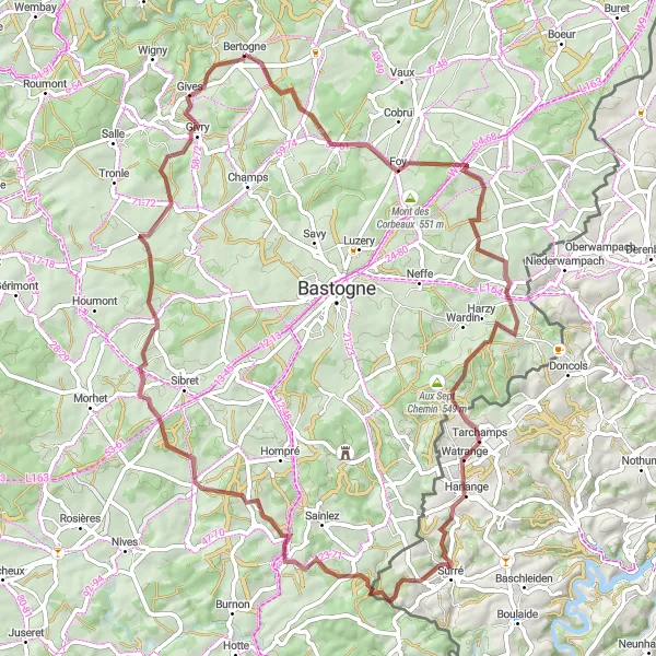 Map miniature of "The Gravel Adventure" cycling inspiration in Prov. Luxembourg (BE), Belgium. Generated by Tarmacs.app cycling route planner
