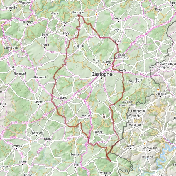 Map miniature of "The West Ardennes Ride" cycling inspiration in Prov. Luxembourg (BE), Belgium. Generated by Tarmacs.app cycling route planner