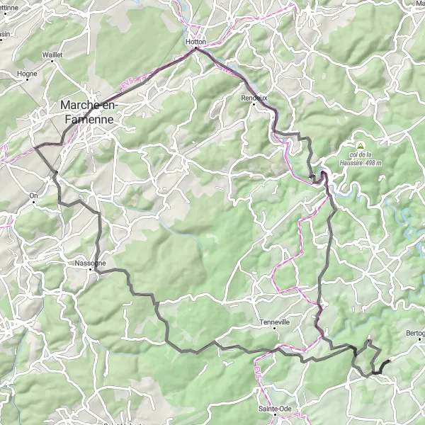 Miniatuurkaart van de fietsinspiratie "Uitdagende wegtocht naar Nassogne en Hampteau" in Prov. Luxembourg (BE), Belgium. Gemaakt door de Tarmacs.app fietsrouteplanner