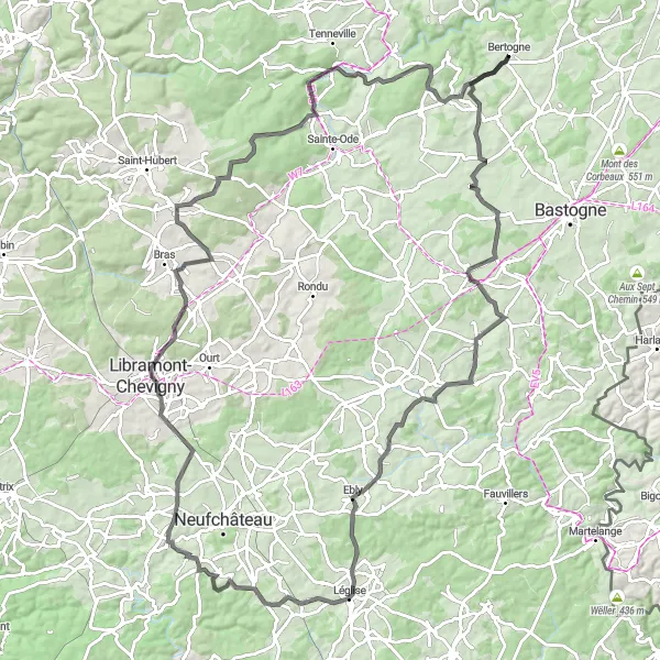 Miniature de la carte de l'inspiration cycliste "Parcours routier de Bertogne à Givroulle" dans la Prov. Luxembourg (BE), Belgium. Générée par le planificateur d'itinéraire cycliste Tarmacs.app