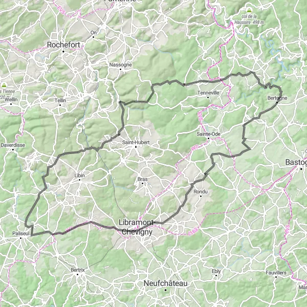 Map miniature of "Challenging Journey to Bertogne" cycling inspiration in Prov. Luxembourg (BE), Belgium. Generated by Tarmacs.app cycling route planner