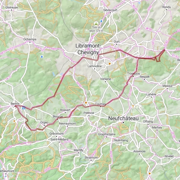 Map miniature of "Tranquility of Gravel in Neuvillers" cycling inspiration in Prov. Luxembourg (BE), Belgium. Generated by Tarmacs.app cycling route planner