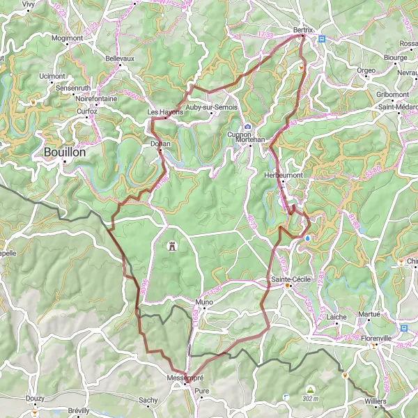 Miniature de la carte de l'inspiration cycliste "Escapade dans les Ardennes en gravier" dans la Prov. Luxembourg (BE), Belgium. Générée par le planificateur d'itinéraire cycliste Tarmacs.app