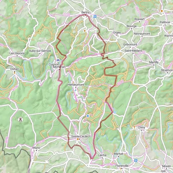 Karten-Miniaturansicht der Radinspiration "Bertrix - Château des Épioux - Chassepierre - La Roche Aux Corbeaux" in Prov. Luxembourg (BE), Belgium. Erstellt vom Tarmacs.app-Routenplaner für Radtouren