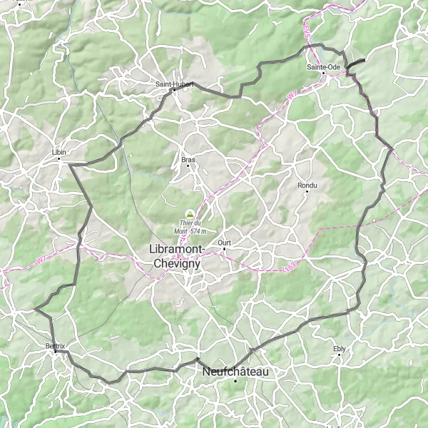 Miniatuurkaart van de fietsinspiratie "Rondrit vanuit Bertrix via Saint-Hubert en Juseret" in Prov. Luxembourg (BE), Belgium. Gemaakt door de Tarmacs.app fietsrouteplanner