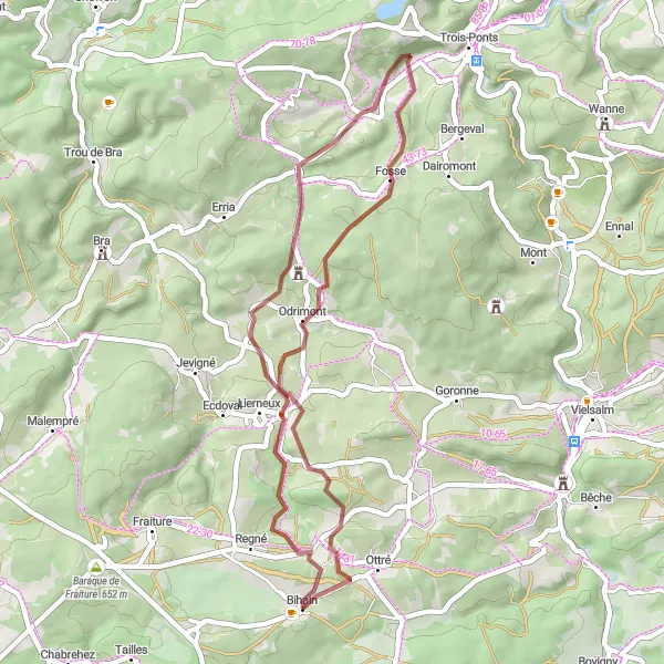 Map miniature of "Gravel Route to Fosse, Hierlot, and Hébronval" cycling inspiration in Prov. Luxembourg (BE), Belgium. Generated by Tarmacs.app cycling route planner