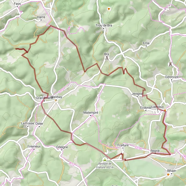 Map miniature of "Scenic Gravel Route to Baraque de Fraiture, Grandmenil, Harre, and Lierneux" cycling inspiration in Prov. Luxembourg (BE), Belgium. Generated by Tarmacs.app cycling route planner
