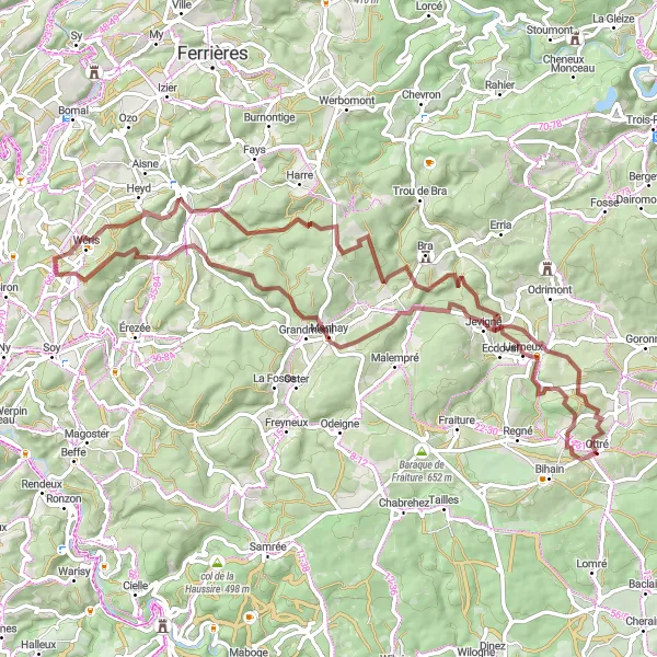 Miniatuurkaart van de fietsinspiratie "Lierneux Gravelavontuur - Ontdek de verborgen paden van Lierneux" in Prov. Luxembourg (BE), Belgium. Gemaakt door de Tarmacs.app fietsrouteplanner