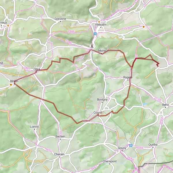 Map miniature of "Gravel Loop from Bihain" cycling inspiration in Prov. Luxembourg (BE), Belgium. Generated by Tarmacs.app cycling route planner