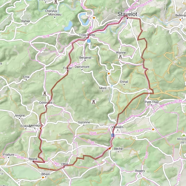 Map miniature of "Gravel Adventure to Fosse, Trois-Ponts, La Tour Leroux, Stavelot, Vielsalm, and Ottré" cycling inspiration in Prov. Luxembourg (BE), Belgium. Generated by Tarmacs.app cycling route planner