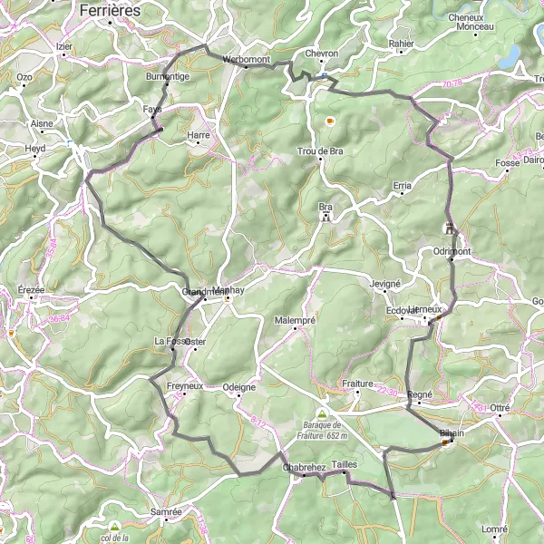 Map miniature of "Road Cycling Circuit to Bihain, Chabrehez, Grandmenil, Werbomont, Château d'Amcômont, and Lierneux" cycling inspiration in Prov. Luxembourg (BE), Belgium. Generated by Tarmacs.app cycling route planner