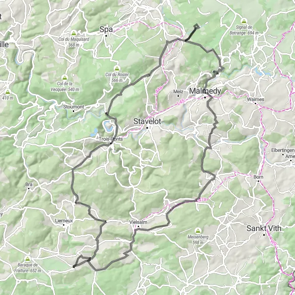Miniature de la carte de l'inspiration cycliste "Sur les traces de Trois-Ponts à Recht" dans la Prov. Luxembourg (BE), Belgium. Générée par le planificateur d'itinéraire cycliste Tarmacs.app