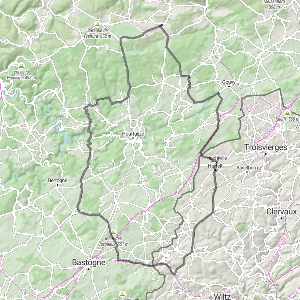 Map miniature of "Challenging Road Circuit to Cherapont, Ale Kiemel, Féitsch, Mont des Corbeaux, Foy, Mormont, and Bihain" cycling inspiration in Prov. Luxembourg (BE), Belgium. Generated by Tarmacs.app cycling route planner