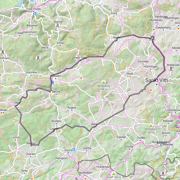 Karten-Miniaturansicht der Radinspiration "Hügelige Straßenfahrt durch die Ardennen" in Prov. Luxembourg (BE), Belgium. Erstellt vom Tarmacs.app-Routenplaner für Radtouren