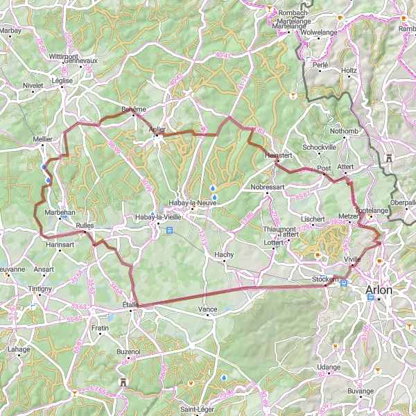 Map miniature of "The Stockem Gravel Adventure" cycling inspiration in Prov. Luxembourg (BE), Belgium. Generated by Tarmacs.app cycling route planner
