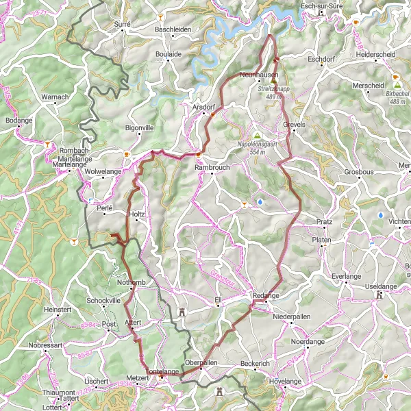 Map miniature of "Gravel Adventure in the Luxembourg Countryside" cycling inspiration in Prov. Luxembourg (BE), Belgium. Generated by Tarmacs.app cycling route planner