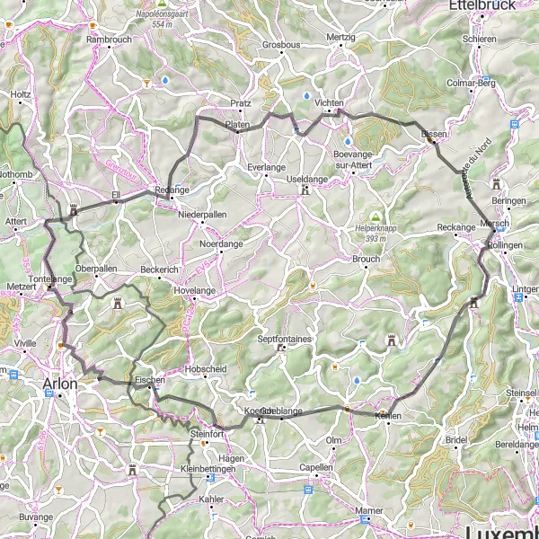 Map miniature of "The Hilly Luxembourg Adventure" cycling inspiration in Prov. Luxembourg (BE), Belgium. Generated by Tarmacs.app cycling route planner