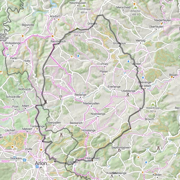 Map miniature of "The Colpach-Haut Road Adventure" cycling inspiration in Prov. Luxembourg (BE), Belgium. Generated by Tarmacs.app cycling route planner