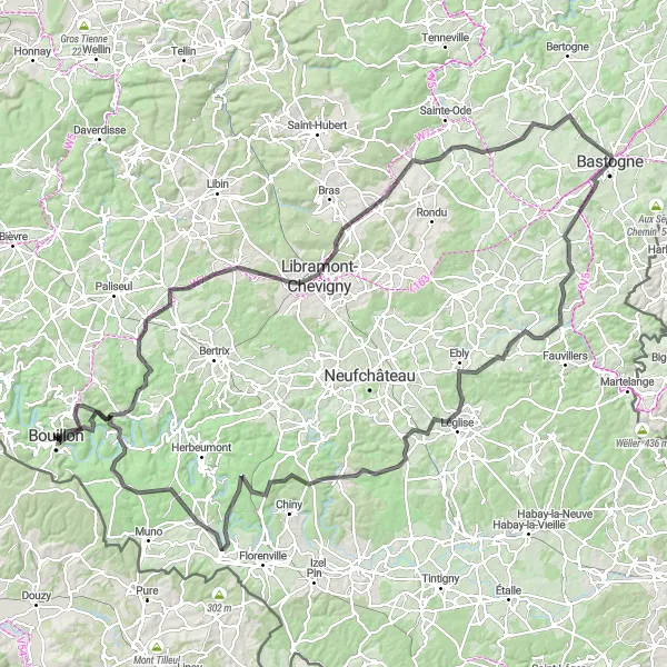 Map miniature of "Bouillon Circuit" cycling inspiration in Prov. Luxembourg (BE), Belgium. Generated by Tarmacs.app cycling route planner