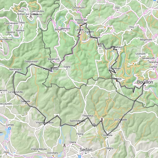 Karten-Miniaturansicht der Radinspiration "Herausforderung der Ardennen" in Prov. Luxembourg (BE), Belgium. Erstellt vom Tarmacs.app-Routenplaner für Radtouren